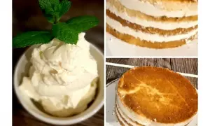 Bita śmietana z mascarpone w miseczce i warstwy tortu z kremem.