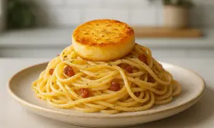 Porcja spaghetti carbonara z okrągłym, zapieczonym serem na wierzchu.