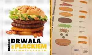 Pikselowy burger Drwala z plackiem ziemniaczanym i składnikami.