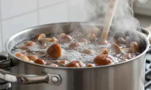 Gotowanie grzybów suszonych na zupę. W garnku bulgoczą grzyby w wodzie, parując obficie.