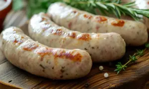 Soczyste, grillowane kiełbaski na drewnianej desce. Idealne do podania, gdy zastanawiasz się, w jakiej temperaturze parzyć kiełbasę po wędzeniu.