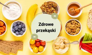 Zdrowe przekąski: jogurt, jagody, banan, batoniki musli, orzechy, miód, suszone morele, pomidorki, warzywa.