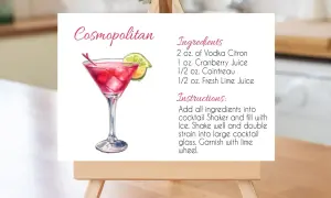 Karta z przepisem na drinka Cosmopolitan z ilustracją koktajlu i listą składników.