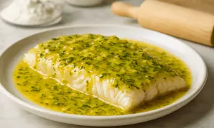 Filet ryby w żółtym sosie z ziołami na białym talerzu.