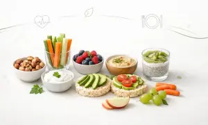 Zdrowe przekąski: warzywa, owoce, orzechy, hummus, jogurt, ryżowe wafle z awokado i pomidorkami.
