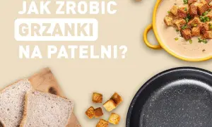 Kromki chleba, grzanki, miska zupy i patelnia.
