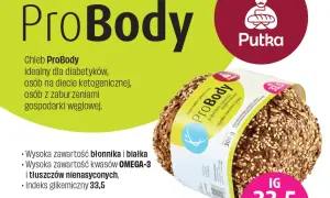 Chleb ProBody z ziarnami, niskim indeksem glikemicznym 33,5 i wysoką zawartością białka.
