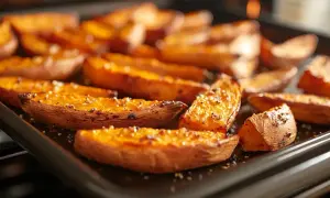 Pieczone frytki z batatów posypane solą i pieprzem. Idealne pytanie: jakie przyprawy do frytek z batatów?