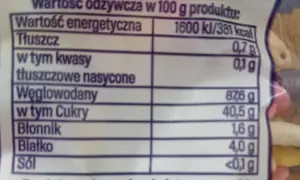 Fragment etykiety z wartościami odżywczymi ryżu preparowanego: energia, tłuszcz, węglowodany, białko.