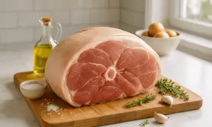 Świeża szynka wieprzowa na desce, gotowa na marynatę. Obok oliwa, sól, czosnek i rozmaryn.