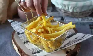 Złociste frytki z air fryera w metalowym koszyku, ręka sięga po jedną.