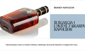 Butelka brandy Napoleon z bursztynowym płynem na białym tle.