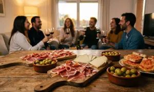Stół z tapas: szynka, ser, oliwki i pieczywo z pomidorami, w tle ludzie pijący wino.