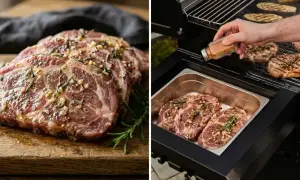 Surowe plastry karkówki z ziołami i czosnkiem na desce i w grillu.