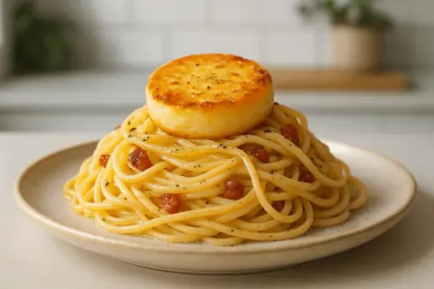 Porcja spaghetti carbonara z okrągłym, zapieczonym serem na wierzchu.