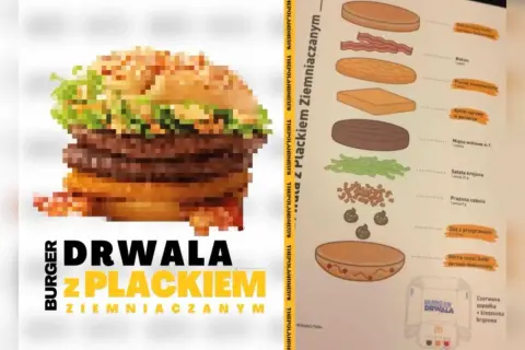 Pikselowy burger Drwala z plackiem ziemniaczanym i składnikami.