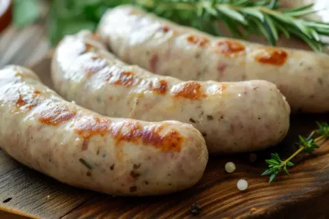 Soczyste, grillowane kiełbaski na drewnianej desce. Idealne do podania, gdy zastanawiasz się, w jakiej temperaturze parzyć kiełbasę po wędzeniu.