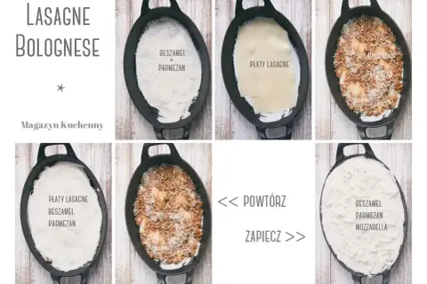 Kolaż zdjęć pokazujący etapy przygotowania lasagne: warstwy sosu, makaronu i sera w naczyniu.