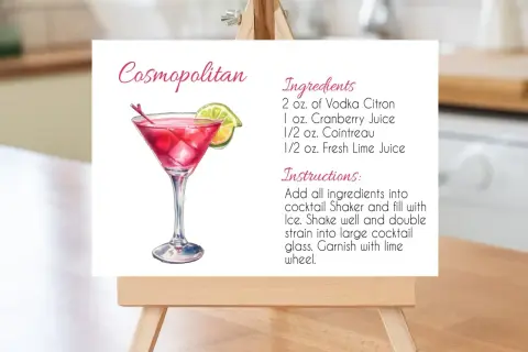 Karta z przepisem na drinka Cosmopolitan z ilustracją koktajlu i listą składników.