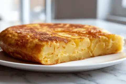 Chrupiąca tortilla ziemniaczana z air fryera na białym talerzu.