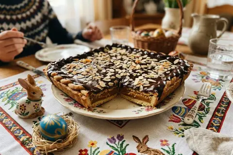 Mazurek wielkanocny z czekoladą i migdałami na talerzu, ozdobiony zajączkiem i pisanką.