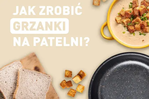 Kromki chleba, grzanki, miska zupy i patelnia.