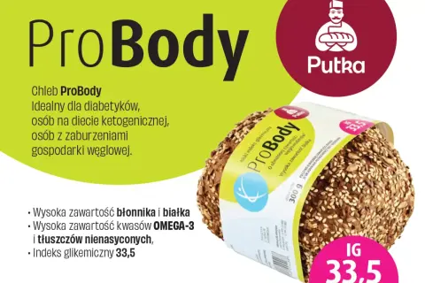 Chleb ProBody z ziarnami, niskim indeksem glikemicznym 33,5 i wysoką zawartością białka.
