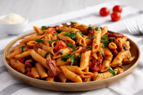 Talerz makaronu penne z sosem pomidorowym, suszonymi pomidorami i natką pietruszki.