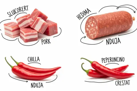 Kawałki wieprzowiny, salami nduja, papryczki chili i peperoncino.