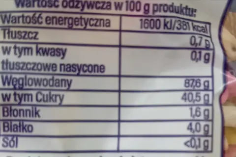 Fragment etykiety z wartościami odżywczymi ryżu preparowanego: energia, tłuszcz, węglowodany, białko.