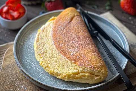 Puszysty omlet na talerzu, posypany cukrem pudrem, obok widelca i noża.