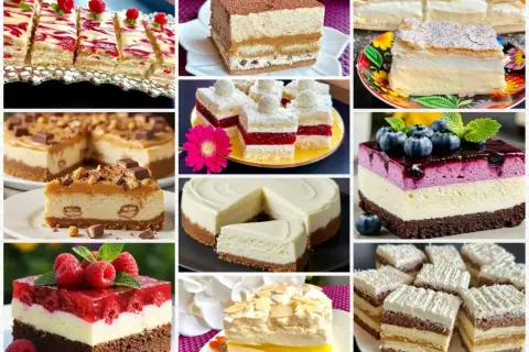 Kolaż zdjęć różnych ciast: sernik, tiramisu, ciasto z malinami i borówkami, kremówka i inne.