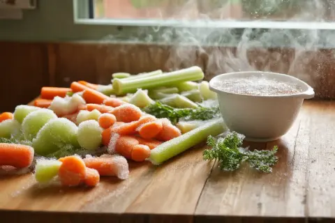 Pokrojone warzywa, marchewki i seler, pokryte szronem, na drewnianej desce.