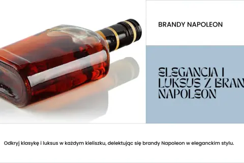 Butelka brandy Napoleon z bursztynowym płynem na białym tle.