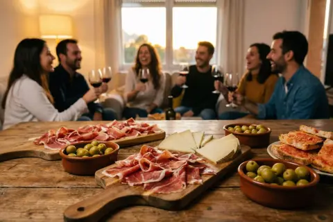 Stół z tapas: szynka, ser, oliwki i pieczywo z pomidorami, w tle ludzie pijący wino.