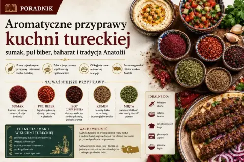 Miseczki z przyprawami: sumak, pul biber, isot, kumin, mięta, obok hummus i sałatka.