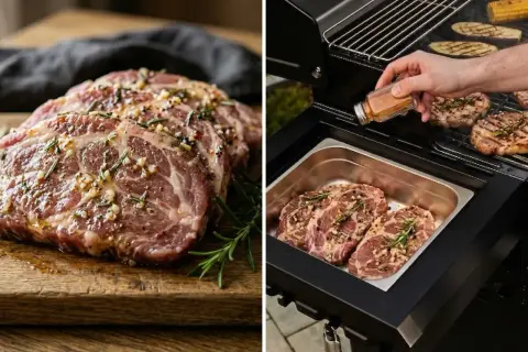 Surowe plastry karkówki z ziołami i czosnkiem na desce i w grillu.