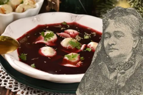 Talerz z barszczem czerwonym i uszkami, obok portret kobiety w stylu retro.