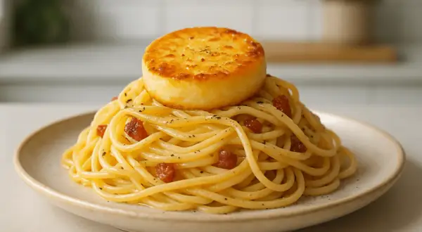 Porcja spaghetti carbonara z okrągłym, zapieczonym serem na wierzchu.