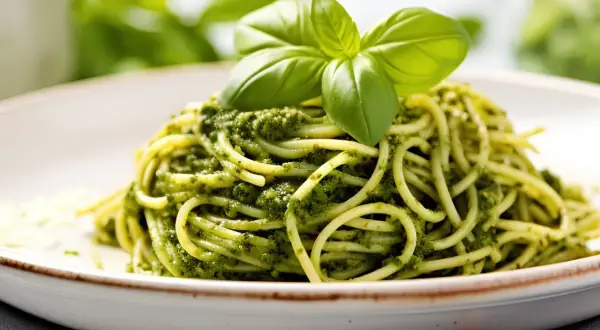 Makaron spaghetti z zielonym pesto, udekorowany listkami bazylii, na białym talerzu.