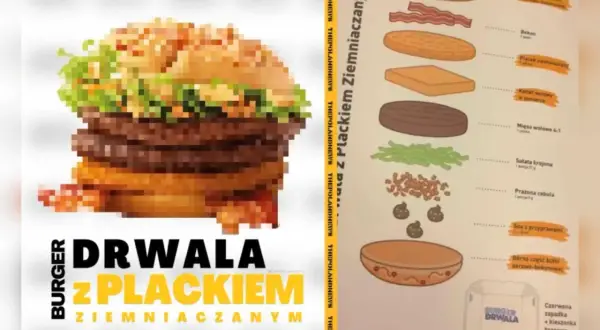 Pikselowy burger Drwala z plackiem ziemniaczanym i składnikami.
