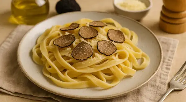 Pyszny makaron z truflami, posypany parmezanem. Idealny przepis na wykwintny obiad.