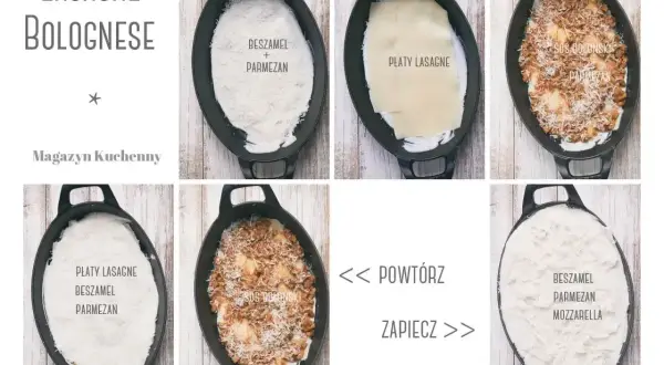 Kolaż zdjęć pokazujący etapy przygotowania lasagne: warstwy sosu, makaronu i sera w naczyniu.