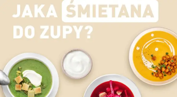 Jaka śmietana do zupy? Zielona, pomarańczowa i buraczkowa zupy, każda z odrobiną śmietany.