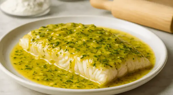 Filet ryby w żółtym sosie z ziołami na białym talerzu.