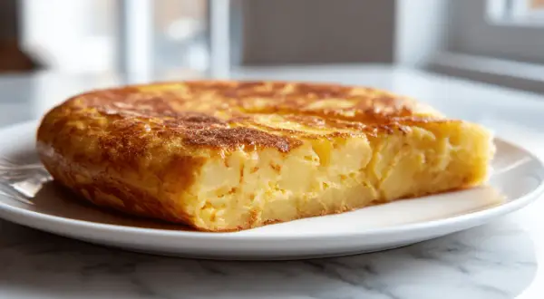 Chrupiąca tortilla ziemniaczana z air fryera na białym talerzu.