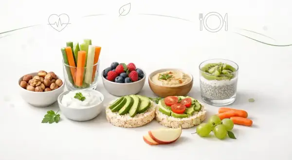 Zdrowe przekąski: warzywa, owoce, orzechy, hummus, jogurt, ryżowe wafle z awokado i pomidorkami.