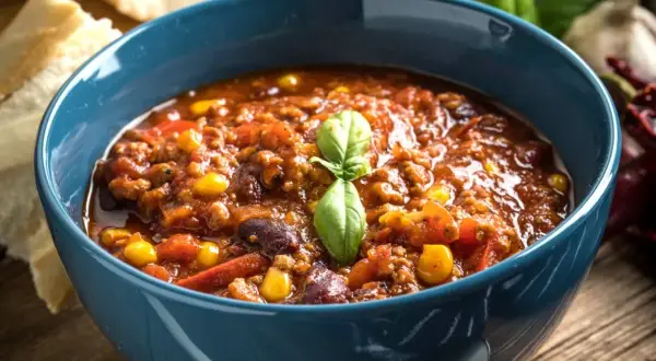 Miska z gęstym, aromatycznym chili con carne z fasolą, kukurydzą i mięsem mielonym, ozdobiona listkiem bazylii.