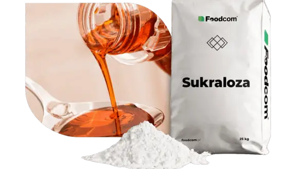 Biały proszek i płynna sukraloza w butelce na łyżce, obok worka z napisem "Sukraloza".