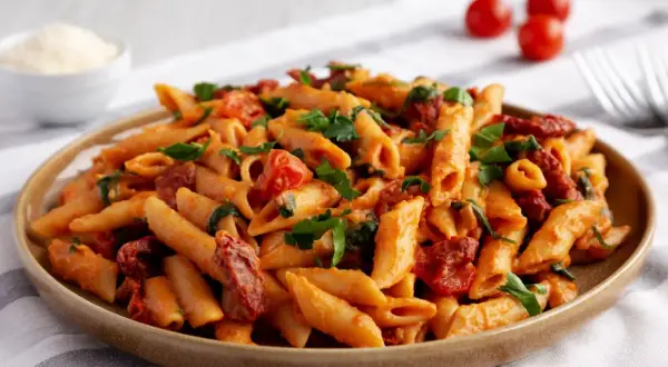 Talerz makaronu penne z sosem pomidorowym, suszonymi pomidorami i natką pietruszki.